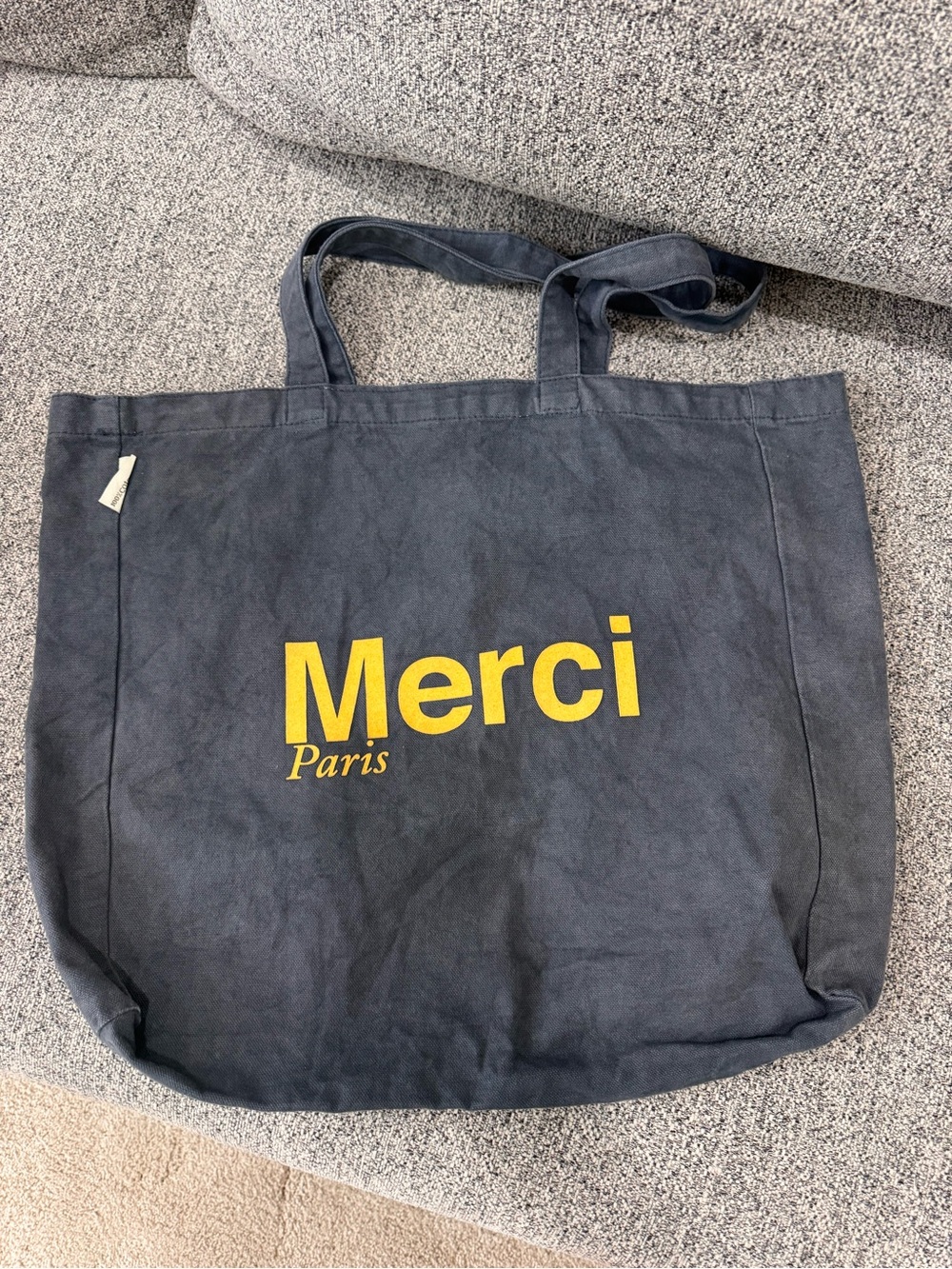 Merci Paris Navy Tote Bag with Yellow Logo